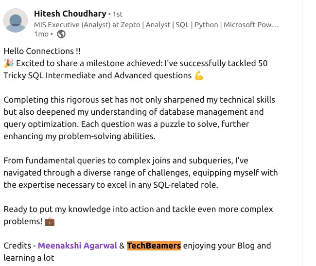 A student giving credit to TechBeamers SQL course