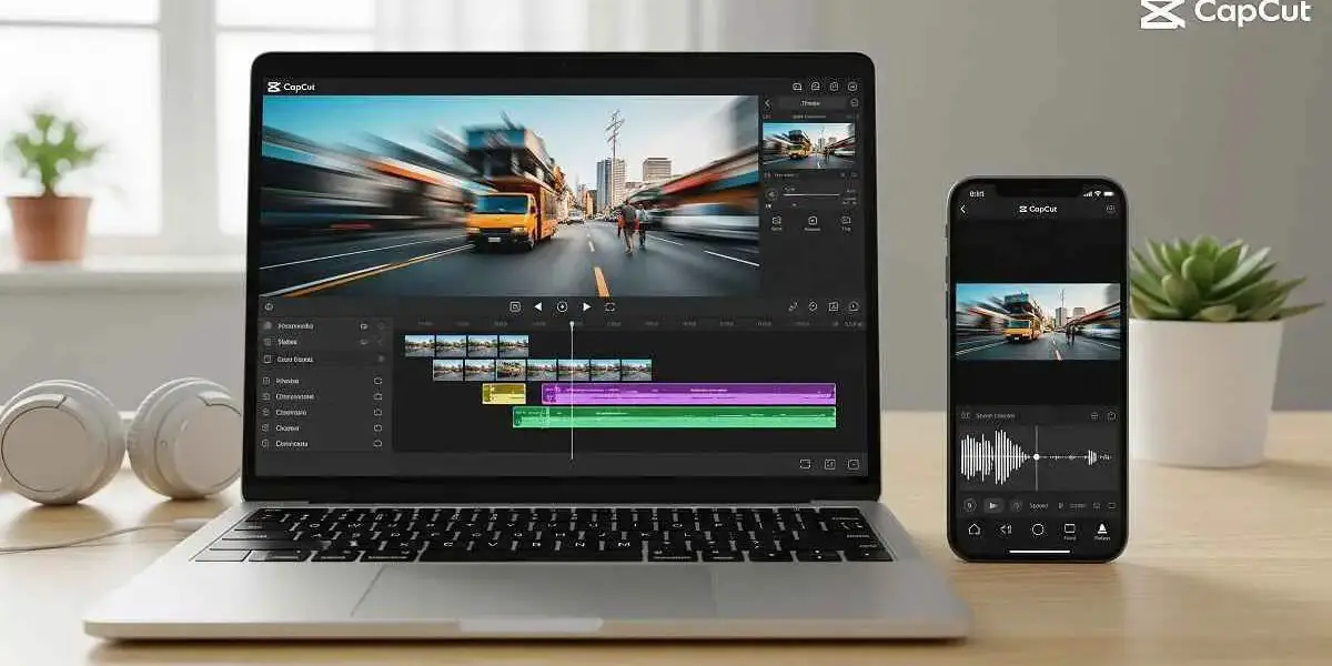 CapCut video editor interface shown on both PC and mobile devices for free download