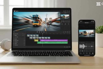 CapCut video editor interface shown on both PC and mobile devices for free download