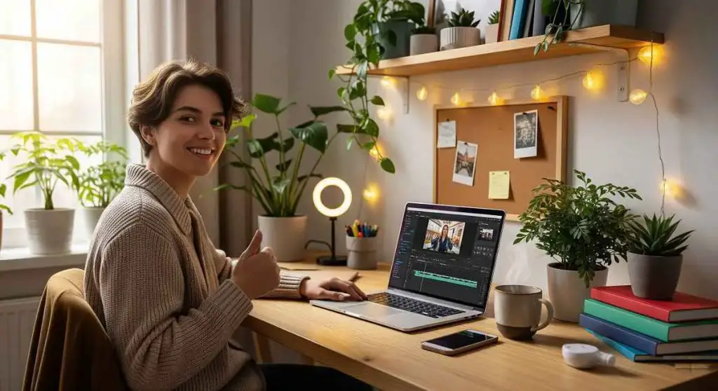 Happy content creator using CapCut video editor on PC in a home studio setup