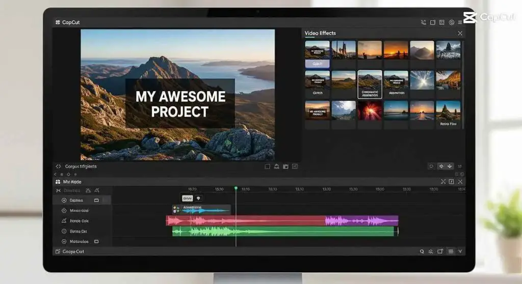 CapCut PC editor showing video timeline, effects, text, and music tools for free video editing
