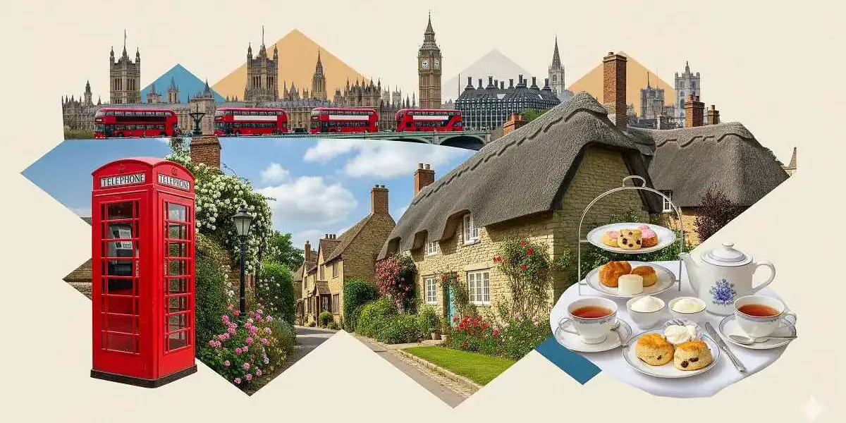Showing UK culture and customs including a red telephone booth, traditional village cottages, London cityscape