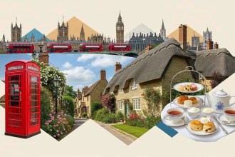 Showing UK culture and customs including a red telephone booth, traditional village cottages, London cityscape